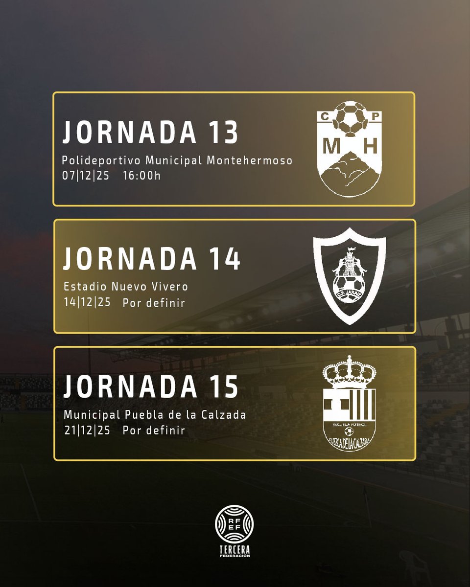 ➡️Esto es lo que le espera al <a href="/CDBadajoz/">CD Badajoz</a> en diciembre

🔥El próximo, este domingo, ante el <a href="/CPMontehermoso_/">CP Montehermoso ⛰️🌞⚽</a> 

ℹ️El último partido del año en el Vivero será ante el <a href="/cfjaraiz/">Club de Fútbol Jaraíz.</a> . Día ya establecido y horario por definir, al igual que la J15 ante el <a href="/PueblaEF/">E.F. Puebla de la Calzada</a> 

¿9/9 obligatorio?