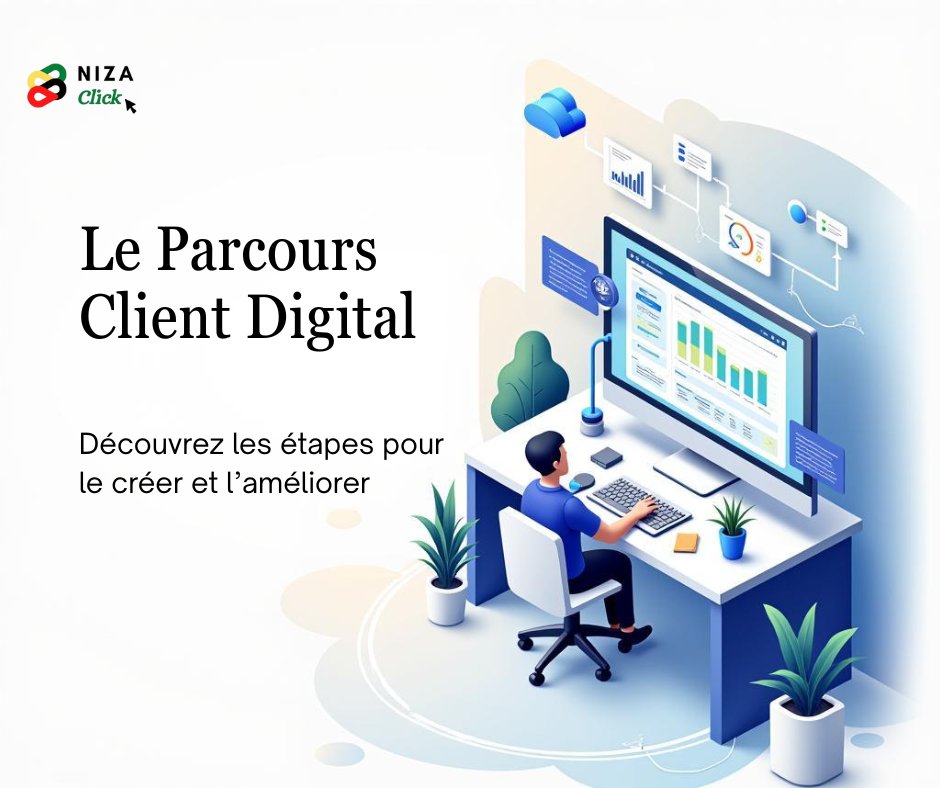 Nizaclick's tweet image. Le parcours client digital regroupe l’ensemble des interactions entre un client et une entreprise via les canaux numériques : site web, application, réseaux sociaux, chatbot: tinyurl.com/5tbzj7rw #NizaClick #parcoursclient #digitalisation #expérienceclient