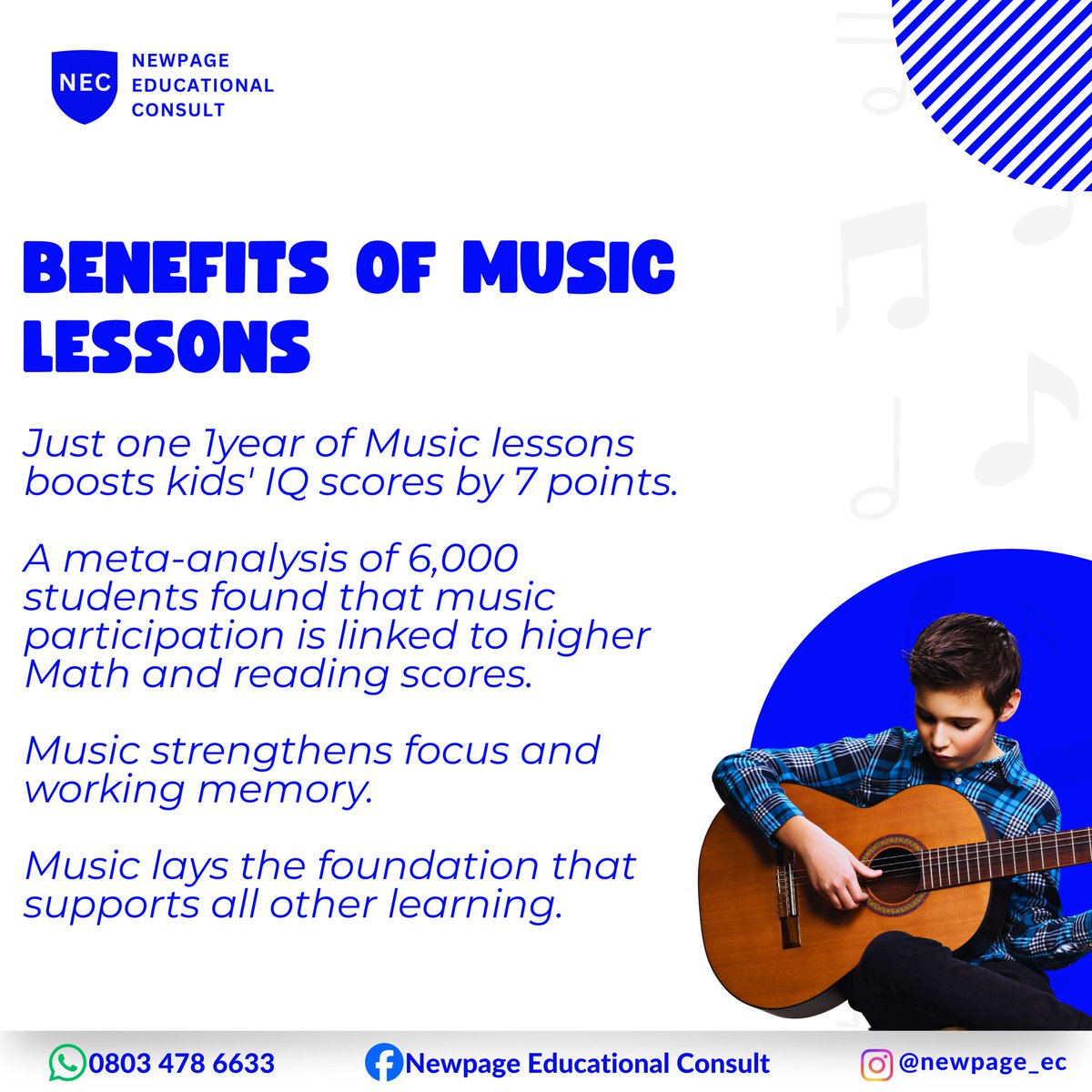 heed1's tweet image. Unlock Your Child's Potential with Music Lessons. 

These are some of the benefits of Music Lessons: 

- Boosts IQ scores by 7 points in just 1 year.

- Linked to higher Maths and reading scores.

- Strengthens focus and working memory.