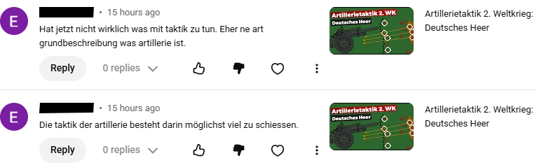 MilHiVisualized's tweet image. 1 guy, 2  comments on my artillery tactics video (German version)
1st comment: &quot;The tactic of artillery is to fire as much as possible.&quot;
2nd comment: &quot;This doesn&apos;t really have anything to do with tactics. It&apos;s more of a basic description of what artillery is.&quot;
