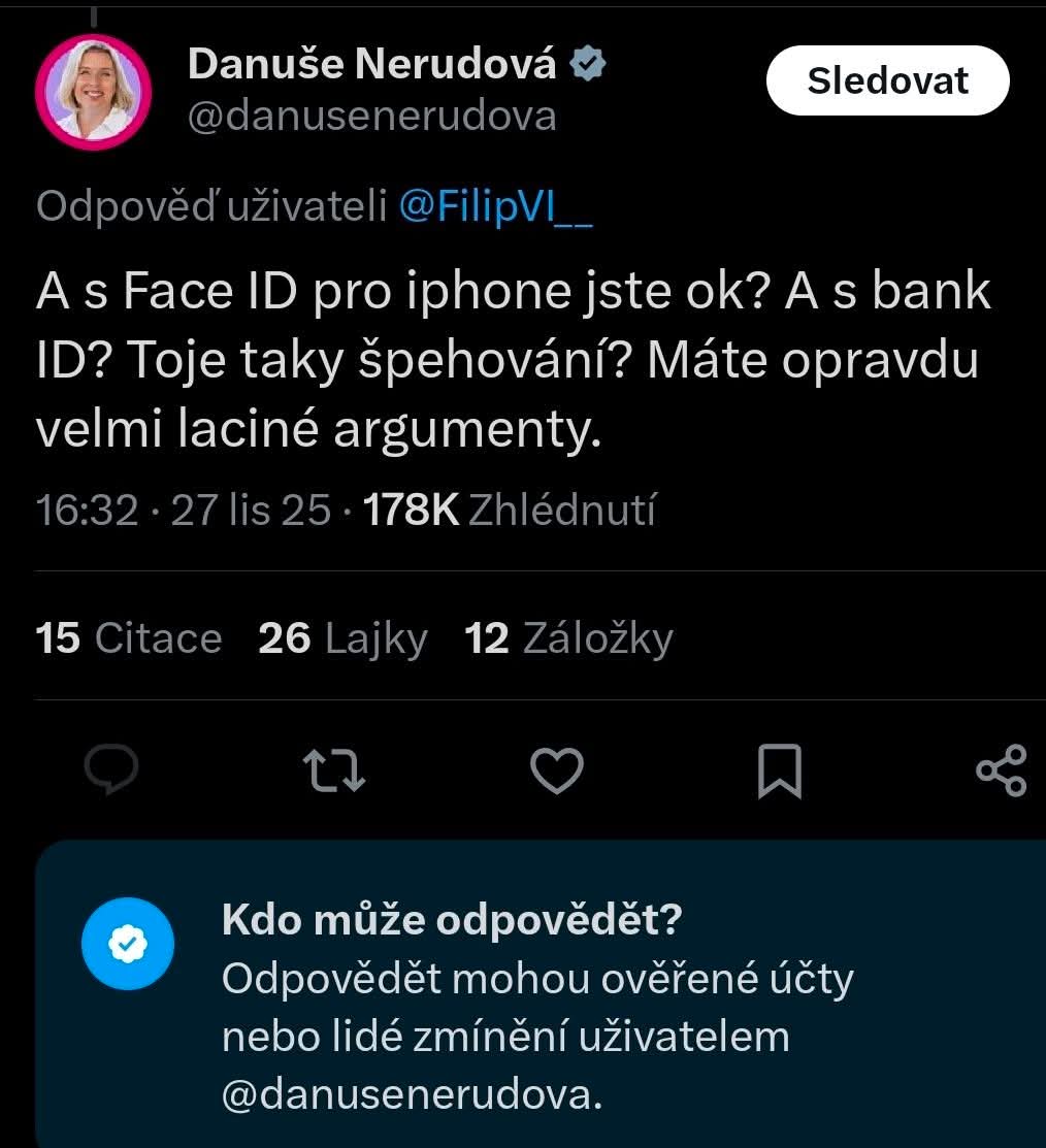 econcz's tweet image. Danusi prijde:
- identifikace v soukromych aplikacich
- ktere nemusite pouzivat

- statni kontrola pristupu na site
- cteni soukromych zprav

Jako jedno a to same.
Uslovi &quot;blba jak stoudev&quot; sem docela sedi.
Tihle lide hlasuji i o vasich zivotech.
