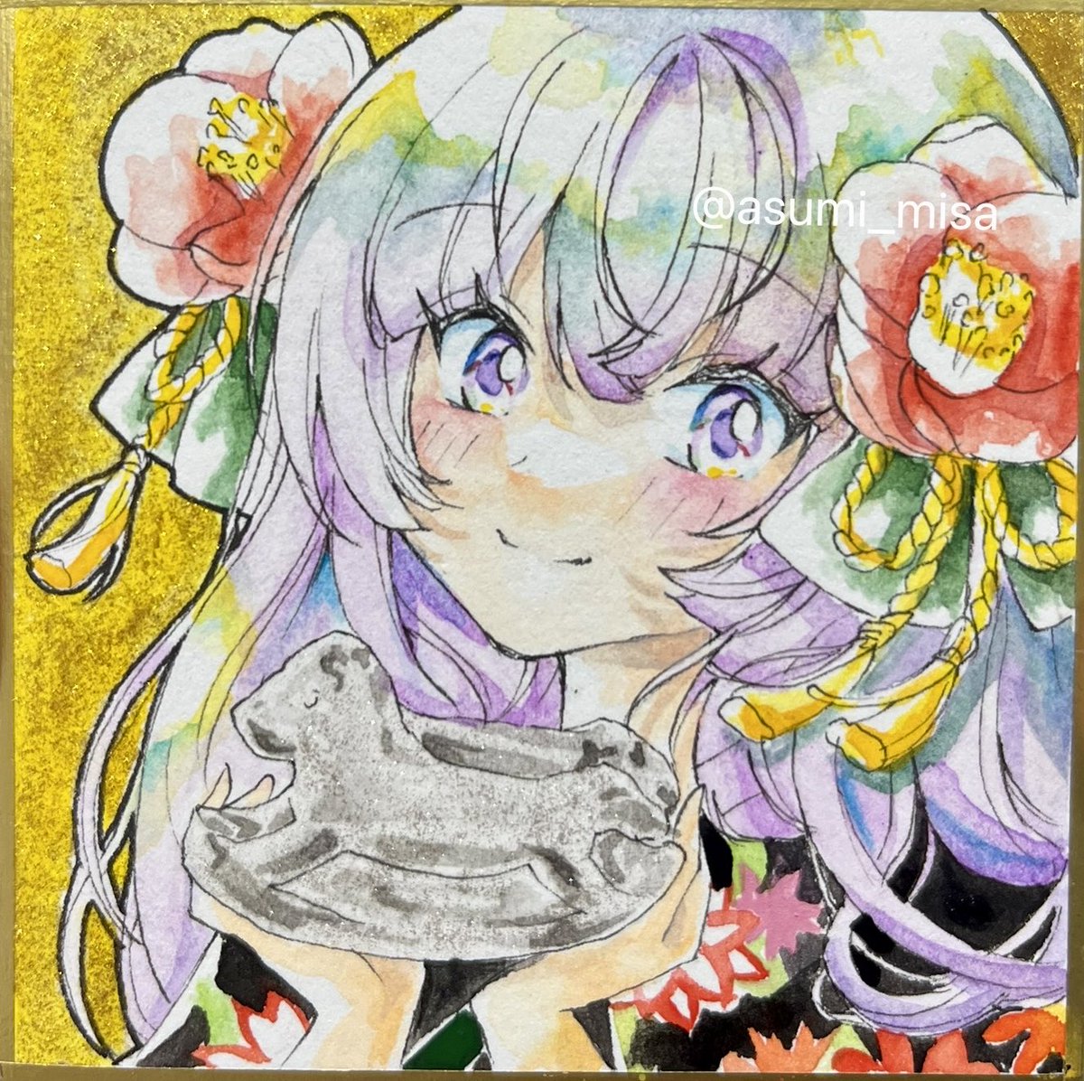 クリスタルガラスのお馬さんと少女」 来年の干支を描きました 豆色紙