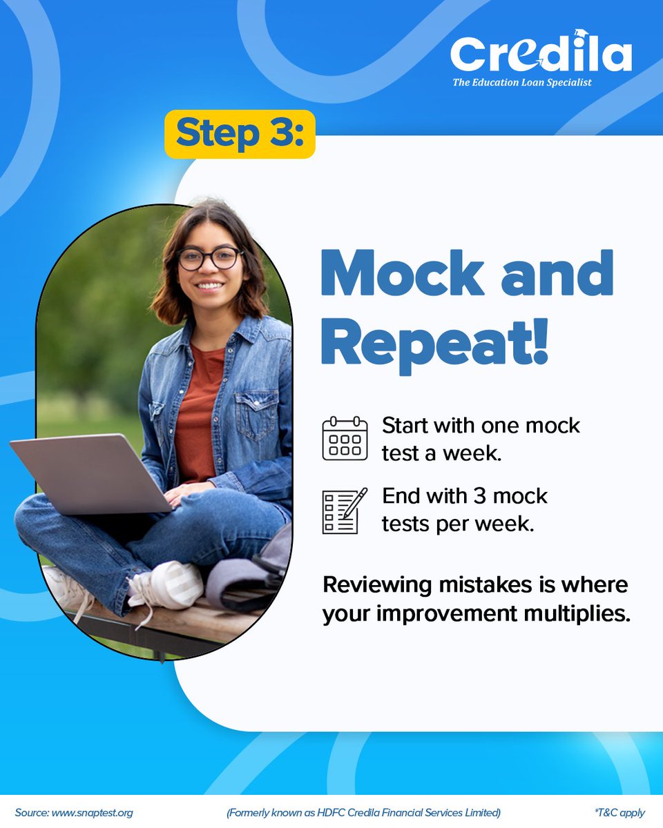 CredilaFinserv's tweet image. Your best SNAP attempt will come from small, steady sessions that add up.

Know the paper, find your weak spots, and use mocks to fine-tune your strategy.

Follow Credila for more tips and visit credila.com to know more!

#SNAPPrep #CrackSNAP #StudySmart #Credila…