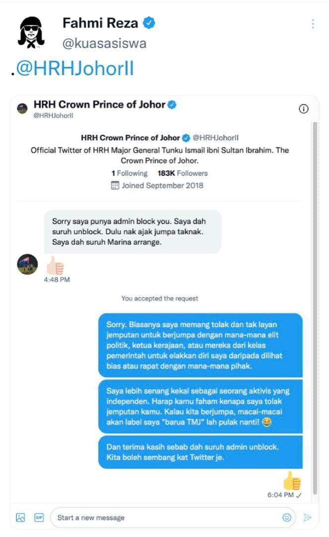 <a href="/khalids/">Khalid</a> Tak boleh lawan fahmi la. Dia block, lepastu unblock sebab nak ajak jumpa. Tapi fahmi rileks je taknak jumpa dia.