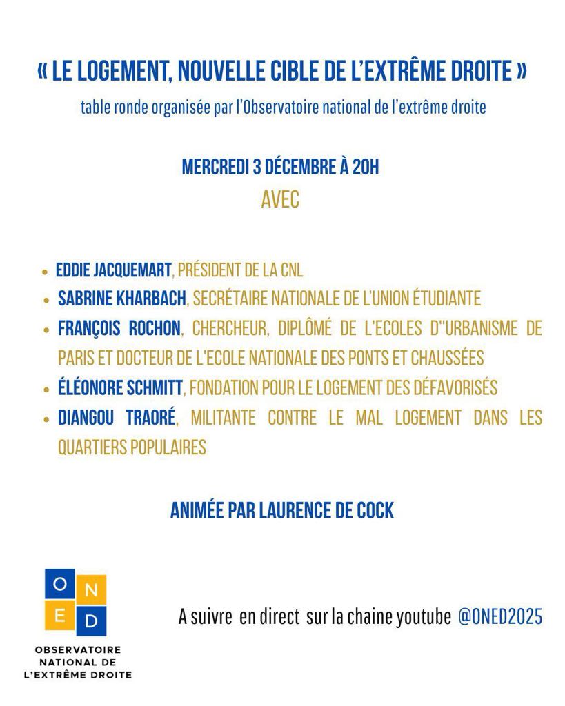 Le président de la CNL, <a href="/EddieJacquemart/">Eddie Jacquemart</a> participera le mercredi 3 décembre à la table ronde " Le logement, nouvelle cible de l'extrême droite" organisé par l'<a href="/ONextdroite/">ONED</a> Suivez les échanges en direct ⬇️