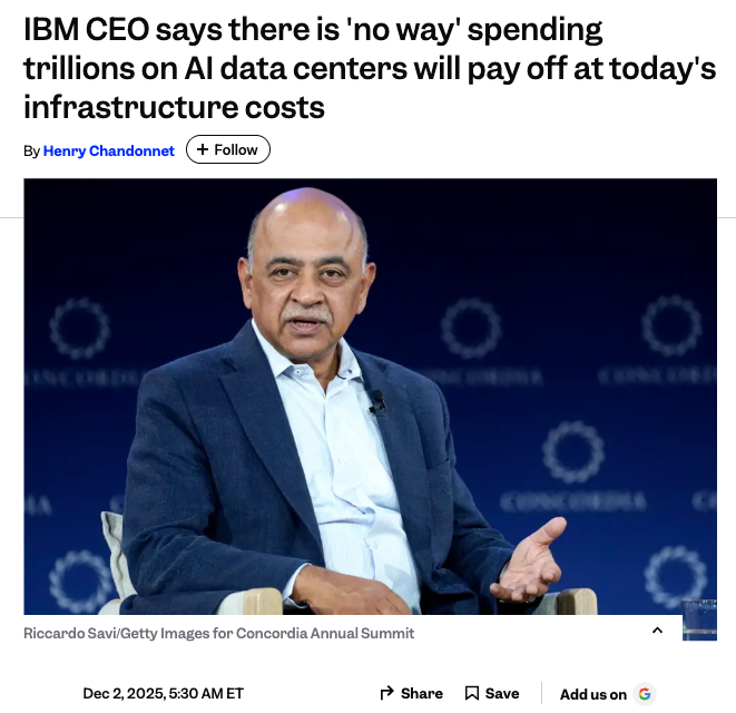 wallstengine's tweet image. $IBM CEO says that at today’s costs it takes about $80B to build &amp;amp; fill a 1 GW AI data center, so the ~100 GW of announced capacity implies roughly $8T of capex &amp;amp; “no way you’re going to get a return on that,” since you’d need “about $800B of profit just to pay for the interest”