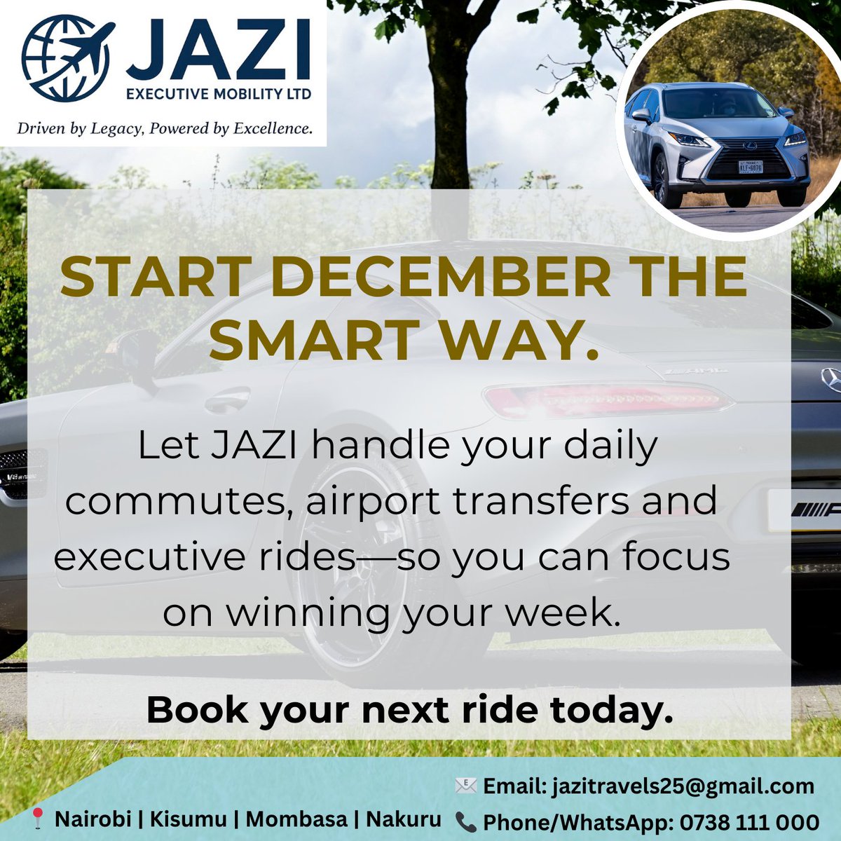 JaziTravels's tweet photo. Start smart with JAZI 🚗💨! Let us handle commutes, airport transfers & executive rides—focus on winning your week! 📞 0738 111 000 📧 jazitravels25@gmail.com Where’s your first Dec destination? 🌟 #JAZITravel #ExecutiveMobility #StressFreeTravel https://t.co/wy9pMI3VXH