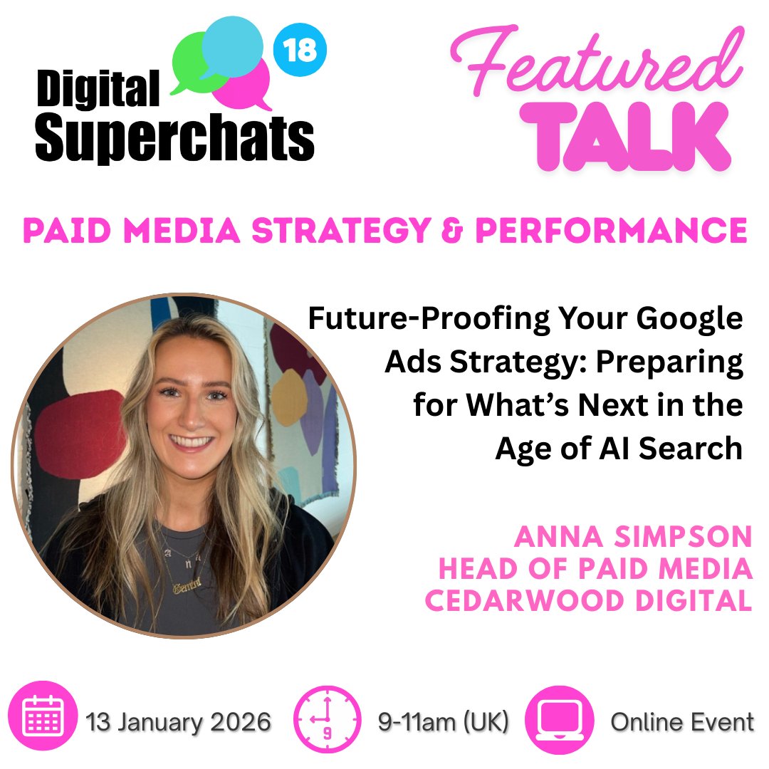 Announcing the 2nd of our featured talks being delivered at next month's Digital Superchats e-Event👉Register to e-attend: tinyurl.com/msdv99m2

#digitalsuperchats #ppc #paidmedia #paidsearch #digitalmarketing <a href="/cedarwoodMCR/">Cedarwood Digital</a> <a href="/fatjoewho/">fatjoe.</a>