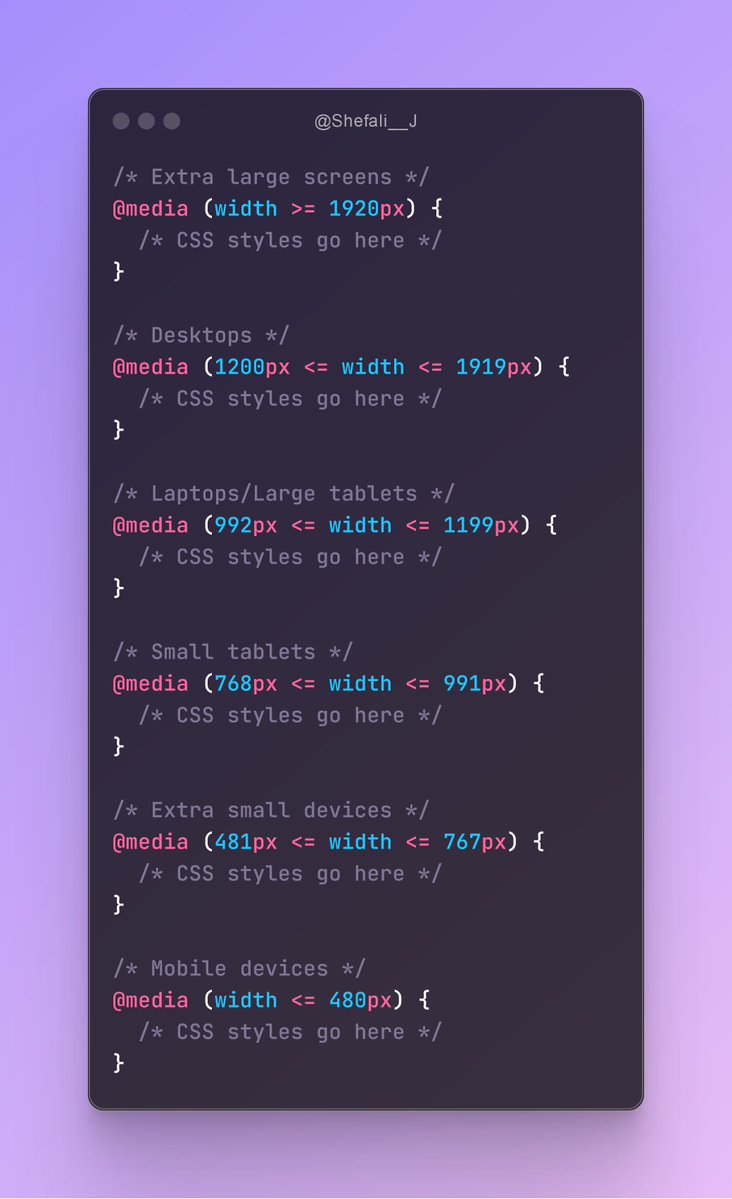 Shefali__J's tweet image. CSS Media Queries range syntax Common Breakpoints🔥