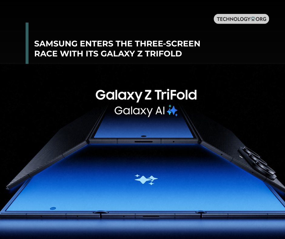 TechnologyOrg's tweet image. Samsung Electronics has unveiled its first device featuring two hinges and three folding panels. The Galaxy Z TriFold arrives as Chinese manufacturers accelerate their presence in the foldable phone market

Full article: technology.org/2025/12/02/sam…

📷: Samsung

#samsung #trifold
