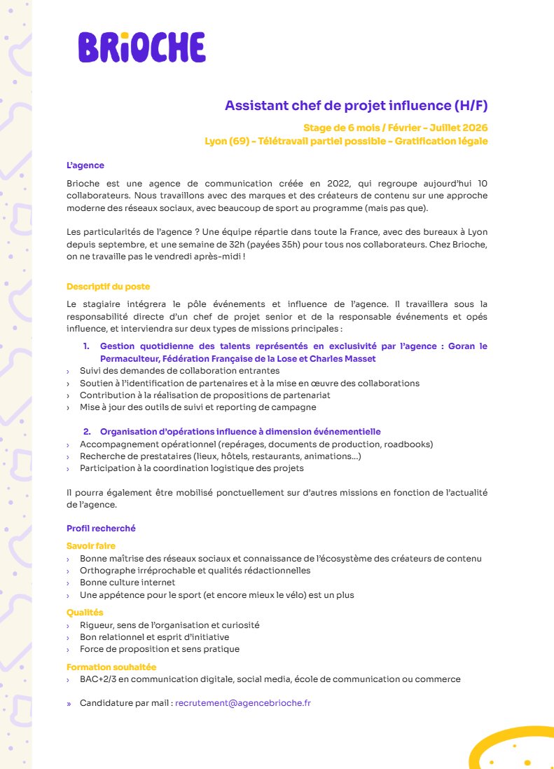 Les Lyonnais qui font des études dans le sport, j'ai 2 stages pour vous à l'agence pour février. 
Stages conventionnés de 6 mois, télétravail partiel (basé à Lyon 2e).

-Un stage côté influence avec la FFL, Goran le Permaculteur et Charles Masset.
- Un stage en CM sport/vélo 🚲