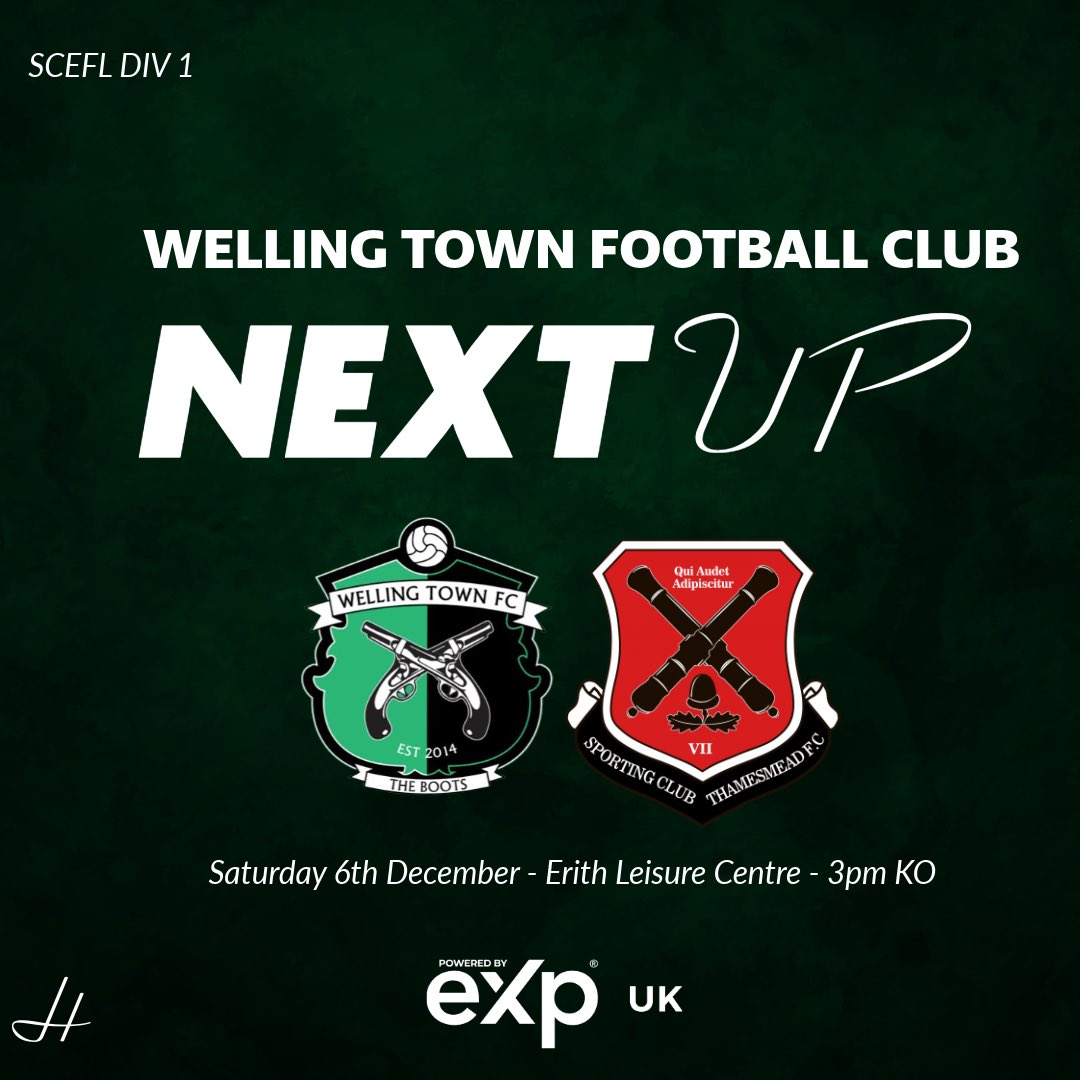 WellingTownFC's tweet photo. Next up for Welling Town we host @SCThamesmeadFC on Saturday 6th December for a @SCEFLeague Div1 Fixture! ⚽️ 

This is a 3PM Kick Off at Erith Leisure Centre!

We look forward to hearing your continued support 👏 

#NonLeague
#Groundhoppers
#UpTheBoots💚🖤🥾 https://t.co/X0WFRLsjWJ