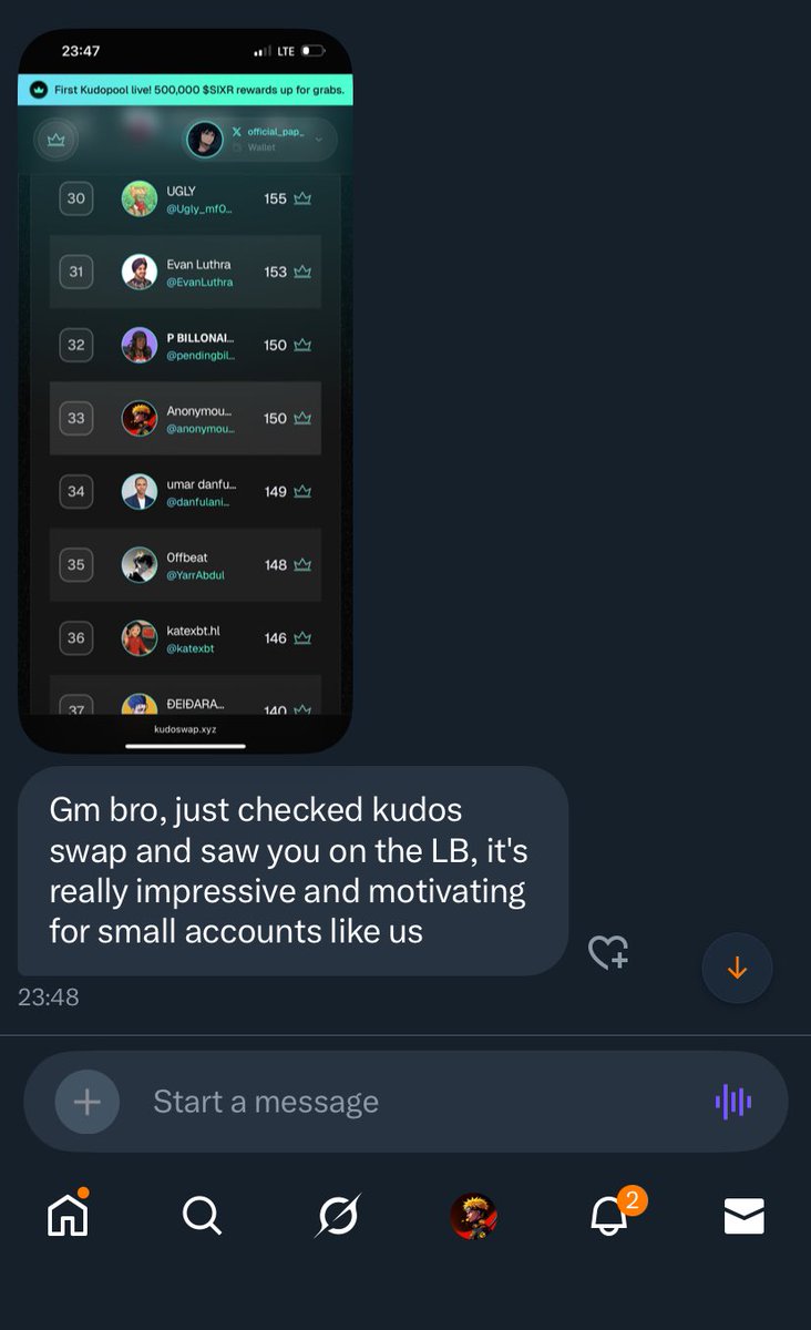 anonymous3crypt's tweet image. So one of my mutuals just slid into my DMs and he was like.

Bruh, I just saw you on Kudoswap lb, whereas I don’t even know about the Campaign.

Btw KUDOS just dropped a 500,000 $SIXR reward pool for yappers!

I had to check it out… and here’s the lowdown on how to actually grab…