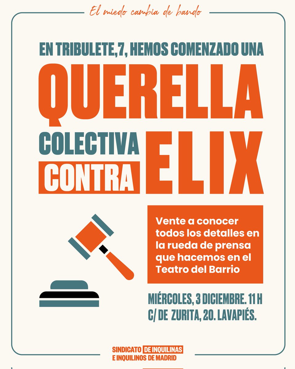 InquilinatoMad's tweet image. ¡Seguimos haciendo historia!

Hemos presentado la primera querella colectiva por acoso inmobiliario contra un fondo buitre en España. Tribulete 7 lleva más de un año aguantando los ataques de Elix Rental Housing, ¡pero su lucha no para!

Te invitamos a la rdp de mañana 🔥