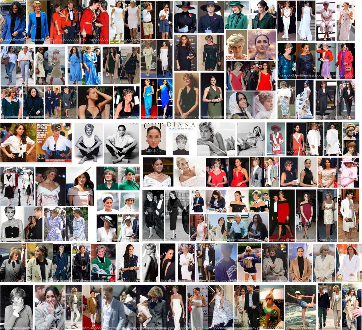 UK: 2025 collage of side-by-side photos showing Meghan Markle copying her husband’s mother’s outfits, poses, and accessories is classic borderline personality disorder.