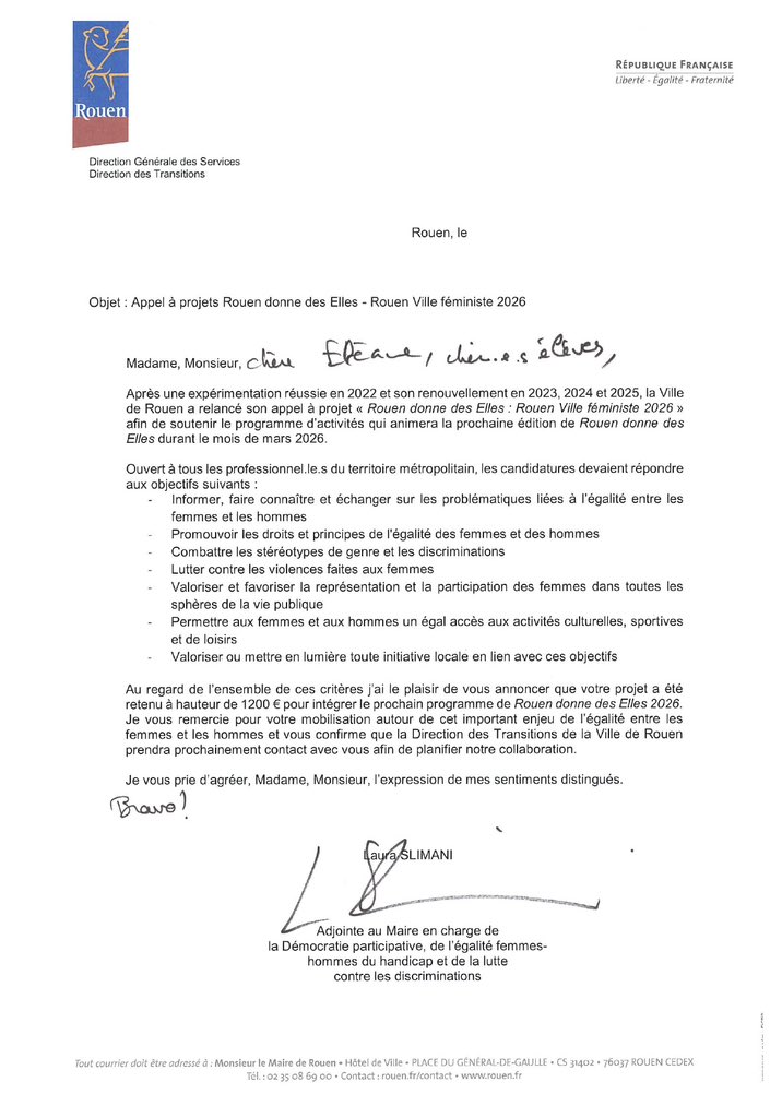 Fiers de notre lycée ! 🎉  
Récompensé par <a href="/Rouen/">Ville de Rouen</a> dans le cadre de l’appel à projets *Rouen donne des Elles. Une belle reconnaissance qui souligne la qualité du travail mené. En route pour 2026 avec de nouveaux projets inspirants ! <a href="/dsden76/">DSDEN76</a> <a href="/ac_normandie/">Académie de Normandie</a>