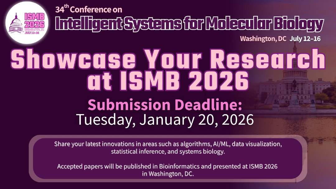 iscb's tweet image. 📢 Proceedings reminder: #ISMB2026 is accepting full papers in #computationalbiology and #bioinformatics to be published in a Bioinformatics open-access special issue.

Deadline: Jan 20, 2026

📥iscb.org/ismb2026/call-…