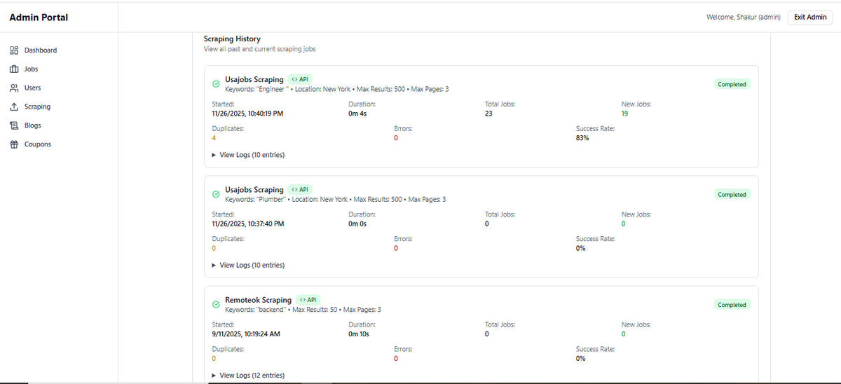 shakur_galla's tweet image. Where are the jobs coming from??
I built in 2 main sources of jobs; 
- Admin can add Jobs manually.
- Scraping; this is in two kinds from APIs of other larger job boards and scraping some job-boards.
The beauty here is Admin can set scraping to be done automatically everyday.