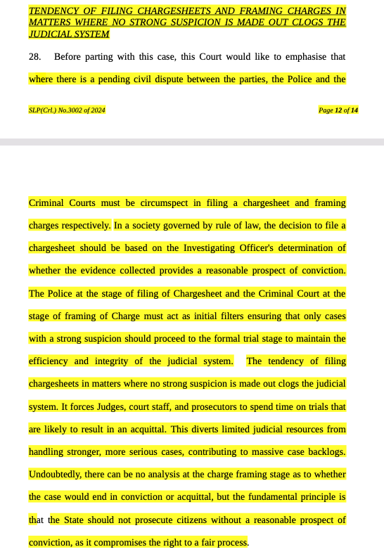 CiteCase's tweet photo. Where there is a pending civil dispute between the parties, Police and Criminal Courts must be circumspect in filing a chargesheet and framing charges respectively.

#SupremeCourt says only cases with a strong suspicion should proceed to the formal trial !