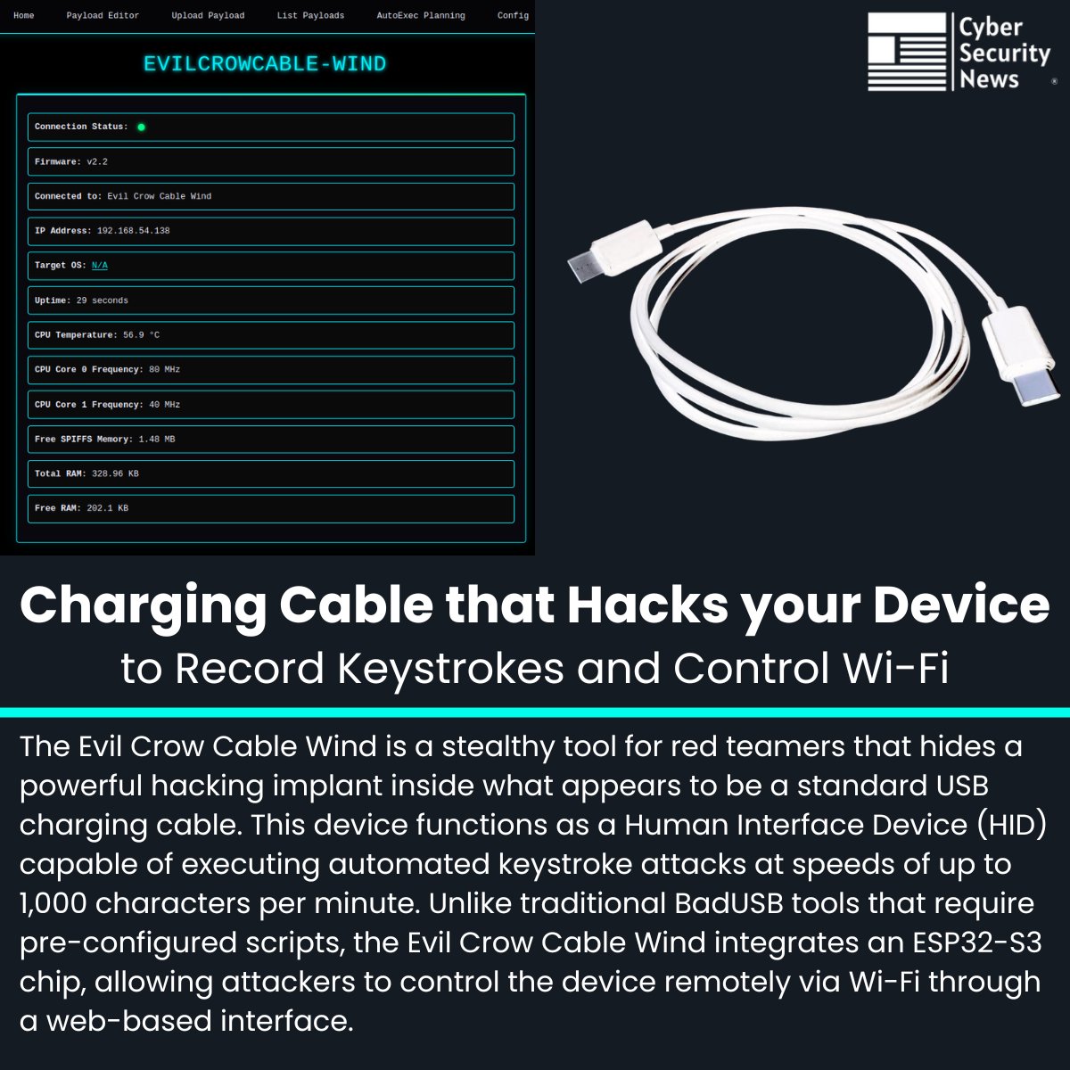 The_Cyber_News's tweet image. 🛜 Charging Cable that Hacks your Device to Record Keystrokes and Control Wi-Fi 

Source: cybersecuritynews.com/charging-cable…

The Evil Crow Cable Wind is a stealthy tool for red teamers that hides a powerful hacking implant inside what appears to be a standard USB charging cable.

This…