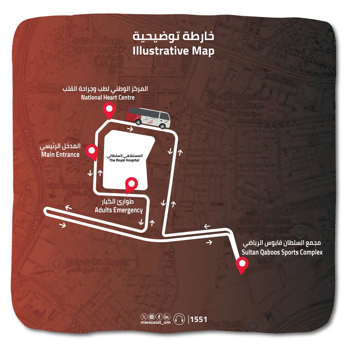 🚌 | #مواصلات وبالتعاون مع #وزارة_الصحة تقدم لكم خدمة نقل مجانية بالحافلات في المستشفى السلطاني
.
🚏| تنقل بسهولة وراحة دون عناء البحث عن أقرب موقف للسيارة.
.
📝 بدءا من تاريخ 7 ديسمبر 2025
⏰ 07:00 صباحا 04:00 مساء
📍 نقاط التوقف:
المدخل الرئيسي
طوارئ الكبار
المركز الوطني لطب