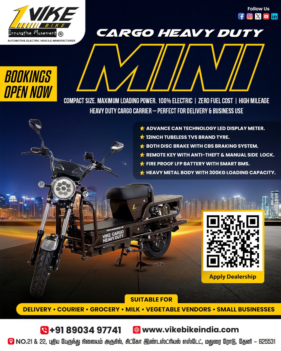 vikebikeindia's tweet image. Vike Cargo Heavy Duty Mini -  Vike Bike
#HighGradeBattery #SmartwatchDisplay #SmartFunctionButtons #PhoneChargingPort #ElectronicRemoteKey #AdvancedThrottle #AntiTheftAlarm #HeavyDutyPerformance #SmartElectricCargo #RideSmartRideSafe #CargoHeavyDutyMini