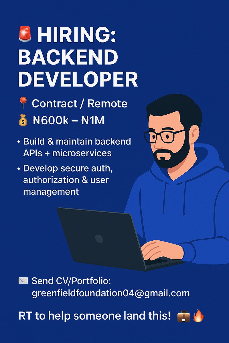 YorubaProjobs's tweet image. 🚨 Hiring: Backend Developer

📍 Contract / Remote
💰 ₦600k – ₦1M

• Build &amp;amp; maintain backend APIs + microservices
• Develop secure auth, authorization &amp;amp; user management

📩 Send CV/Portfolio: greenfieldfoundation04@gmail.com

RT to help someone land this! 💼🔥