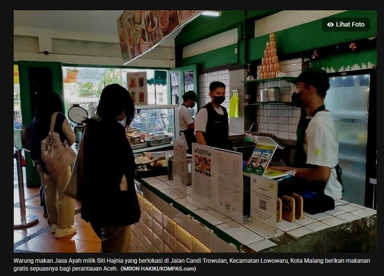 Warung Makan Jasa Ayah di Jl. Candi Trowulan, Lowokwaru, Malang, memberikan makan gratis sepuasnya untuk warga perantauan Aceh. Cukup tunjukkan KTP Aceh di kasir. Program ini khusus untuk bantu mahasiswa/perantau asal Aceh. 💛 oyi