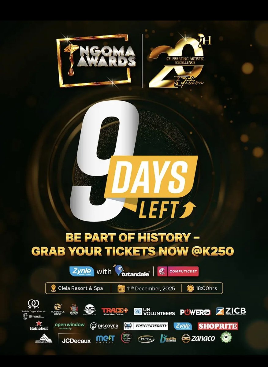 PMataruse58485's tweet photo. The countdown continues! Only 9 days to go before the winners are announced at the Ngoma Awards. Voting has been made easy and accessible for everyone through USSD or online.
 #Ngomaawards2025 #Ngoma@20 #YalilaNgoma
@TheNgomas
@MinistryZambia
@NationalZambia https://t.co/iuKw11Xehb