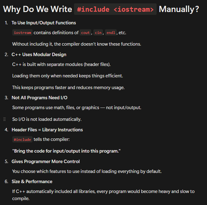 AayushKawadia's tweet image. Day 1 of my #WinterArcChallenge with @rohit_negi9  (Strike Batch)
Today I learned the true fundamentals of C++.
Also found out that cout and cin are not part of core C++, they come from the iostream library.
Great start to the journey! 🚀
#CPlusPlus #CodingJourney