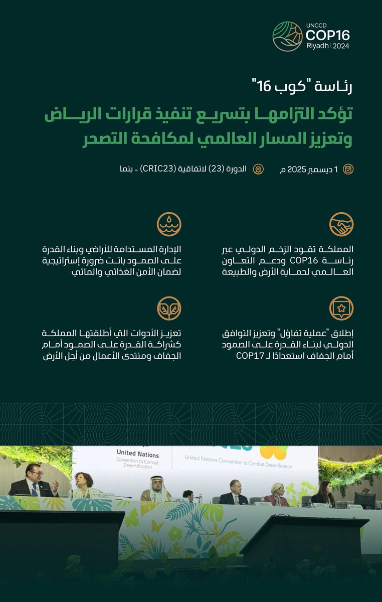 رئاسة "كوب 16" تؤكّد التزامها بتسريع تنفيذ قرارات الرياض، وتعزيز المسار العالمي لمكافحة التصحّر، خلال الدورة الـ(23) لاتفاقية (CRIC23) في بنما.
