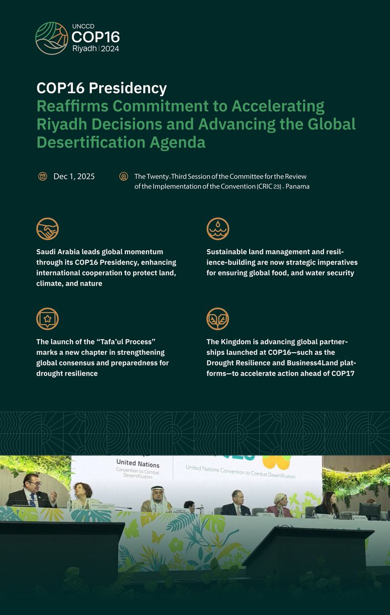 The COP16 Presidency reaffirms its commitment to accelerating the Riyadh decisions and strengthening the global pathway to combat desertification during CRIC23 in Panama.
