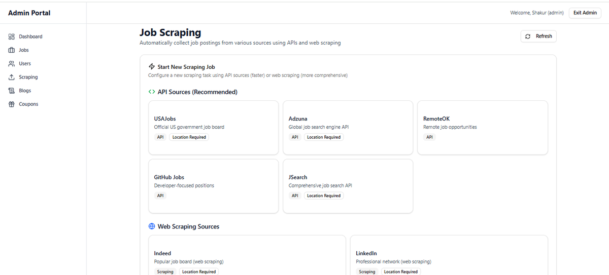 shakur_galla's tweet image. Where are the jobs coming from??
I built in 2 main sources of jobs; 
- Admin can add Jobs manually.
- Scraping; this is in two kinds from APIs of other larger job boards and scraping some job-boards.
The beauty here is Admin can set scraping to be done automatically everyday.
