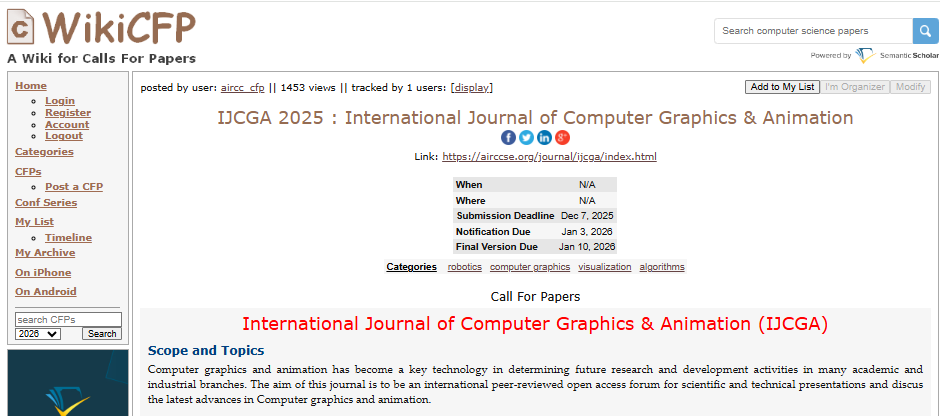 JeneeferAlsher's tweet image. International Journal of Computer Graphics &amp;amp; Animation (IJCGA) - EBSCO, ERA indexed 
ISSN : 2231 - 3281(Online) ; 2231 - 3591 (print)
airccse.org/journal/ijcga/…
Submission Deadline : December 07, 2025 
Contact us: ijcga@aircconline.com 
#computergraphics #animation