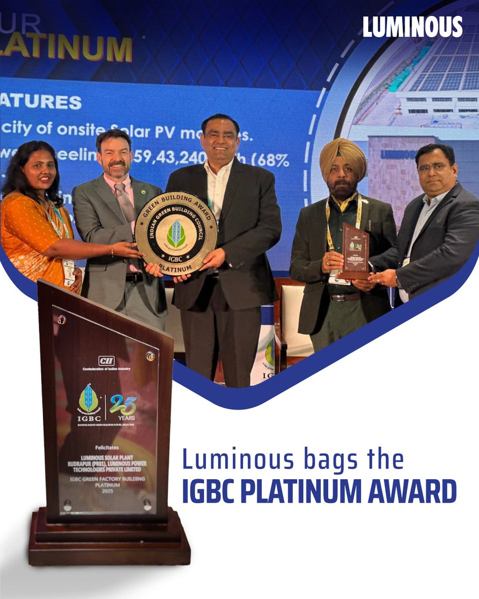 myluminous's tweet photo. Luminous is now IGBC Platinum Certified for our Rudrapur Solar Plantโrecognised under the WGBC framework.
A proud moment for our teams and a step closer to a greener tomorrow.
#LuminousPower #IGBC #Sustainability https://t.co/Q5rxs12opc
