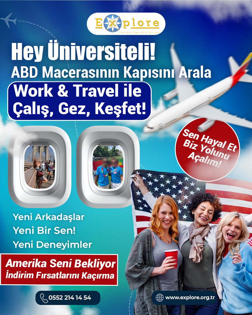 🎓 Hey Üniversiteli! Boston’ın o meşhur köprüsünde yürüdüğünü. New York sokaklarında kahveni yudumladığını. California güneşinde çalışırken aynı anda Amerika’yı keşfettiğini hayal et! 
👉 Hayal et, Explore yolunu açsın!
🌍 explore.org.tr  0552 214 14 54  0507 787 35 15