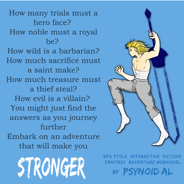 psynoid's tweet photo. Stronger
by Psynoid Al
Fantasy | action | adventure

read in #tapas #tapasnovel:  https://t.co/nu7ucq7GIJ

read in #RoyalRoad:
https://t.co/lfrOSRd9l3

#fantasy #adventure #rpg #interactivefiction #choosethenextchapter #chooseyourownadventure https://t.co/jzjF7BysTm