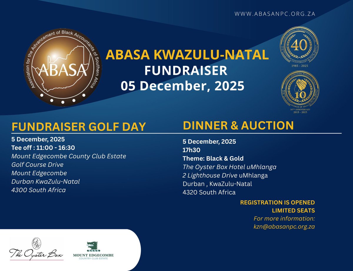✨ Elegance Meets Purpose: 3 Days To Go! ✨

The stage is set, the clubs are polished, and the 'Black &amp; Gold' attire is ready. In just 3 days, on December 5th, we gather at Mount Edgecombe and The Oyster Box Hotel for the ABASA KZN Fundraiser.