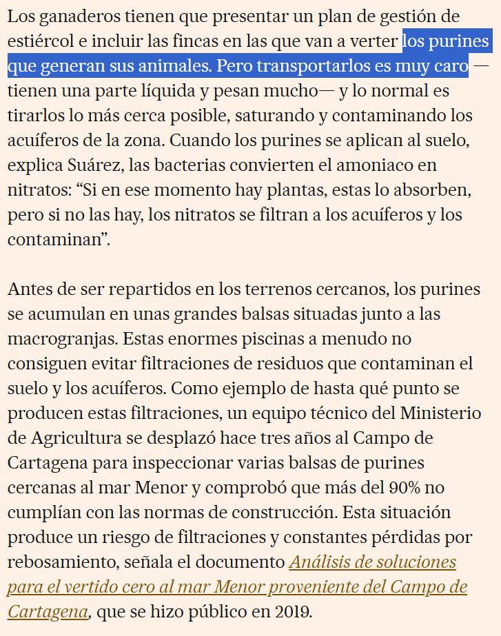 Las leyes o su vigilancia son demasiado laxas. Los ganaderos deberían estar obligados a llevar los purines a plantas lejanas , p.ej. de biogas, no a balsas cercanas.

Estamos subvencionando la exportación de carne de cerdo (59% de la producción) vía destrucción de acuíferos.