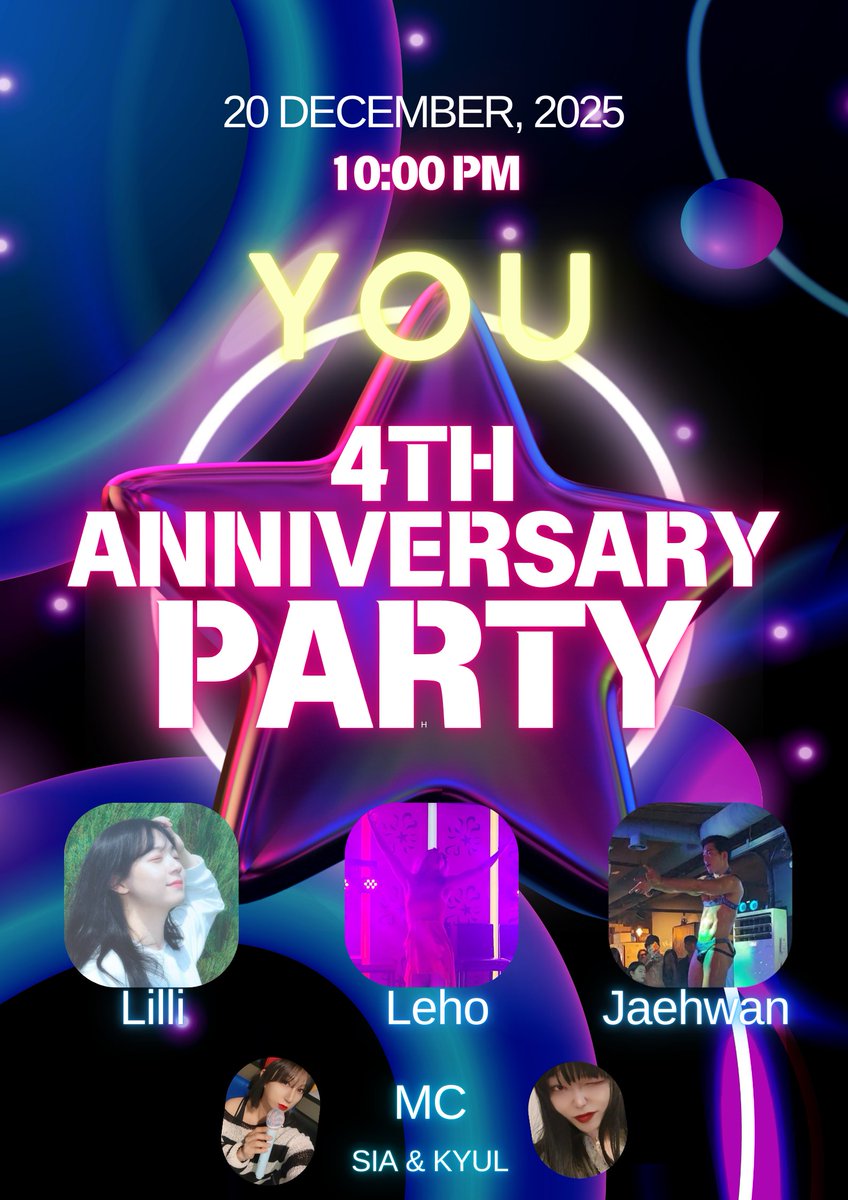 YOU의 4번째 생일을 축하합니당~🎊

려리님의 미니콘서트🎵🎶
레호님의 섹쉬도발!! 드랙퀸쇼!👠💃
재환님의 고고보이쑈!! 💪
재치만점 이쁘니 섹시아가 사회보는날~
즐겨보자고~!!