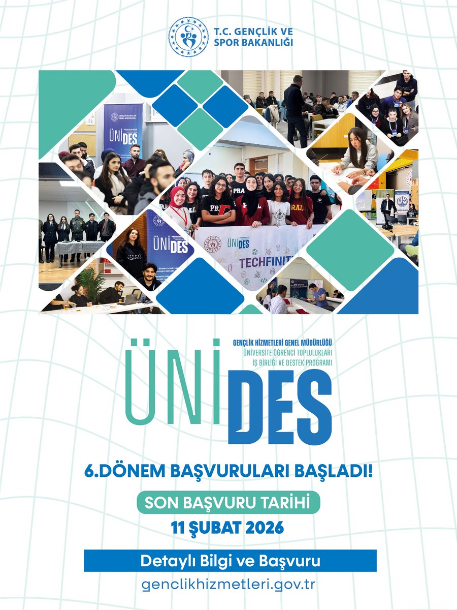 ÜNİDES, fikirleri gerçeğe dönüştürmeye devam ediyor.💡

Genç fikirlerin ana sponsoru ÜNİDES’te 6. dönem başvuruları başladı.

Son Başvuru Tarihi: 11 Şubat 2026
Detaylı bilgi ve başvuru 👉 genclikhizmetleri.gov.tr

#GSB #ÜNİDES