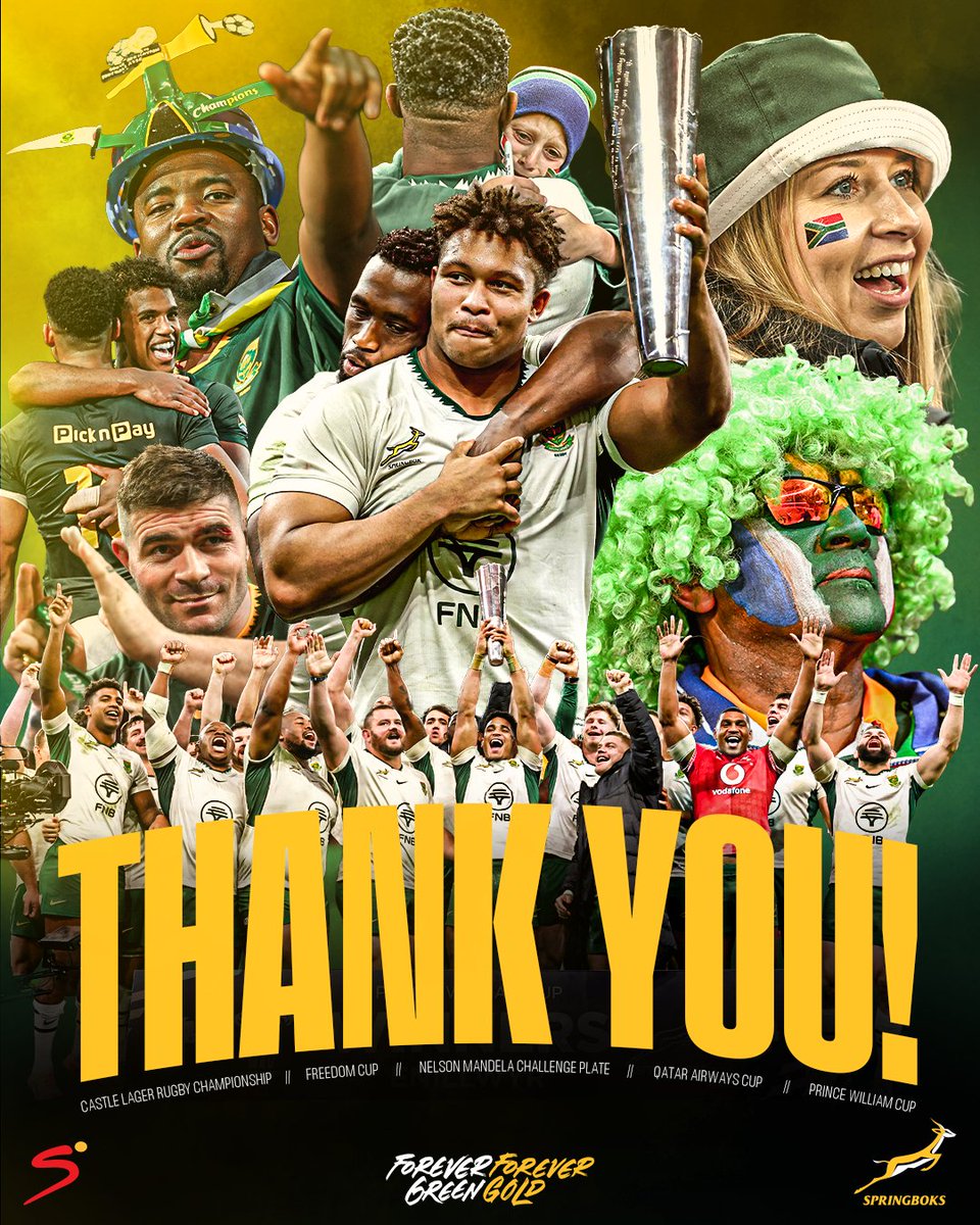 Springboks's tweet image. Your voices. Our fire 🔥
Thank you, dankie, siyabonga Mzansi, you carried us all season long 🇿🇦
#Springboks #ForeverGreenForeverGold