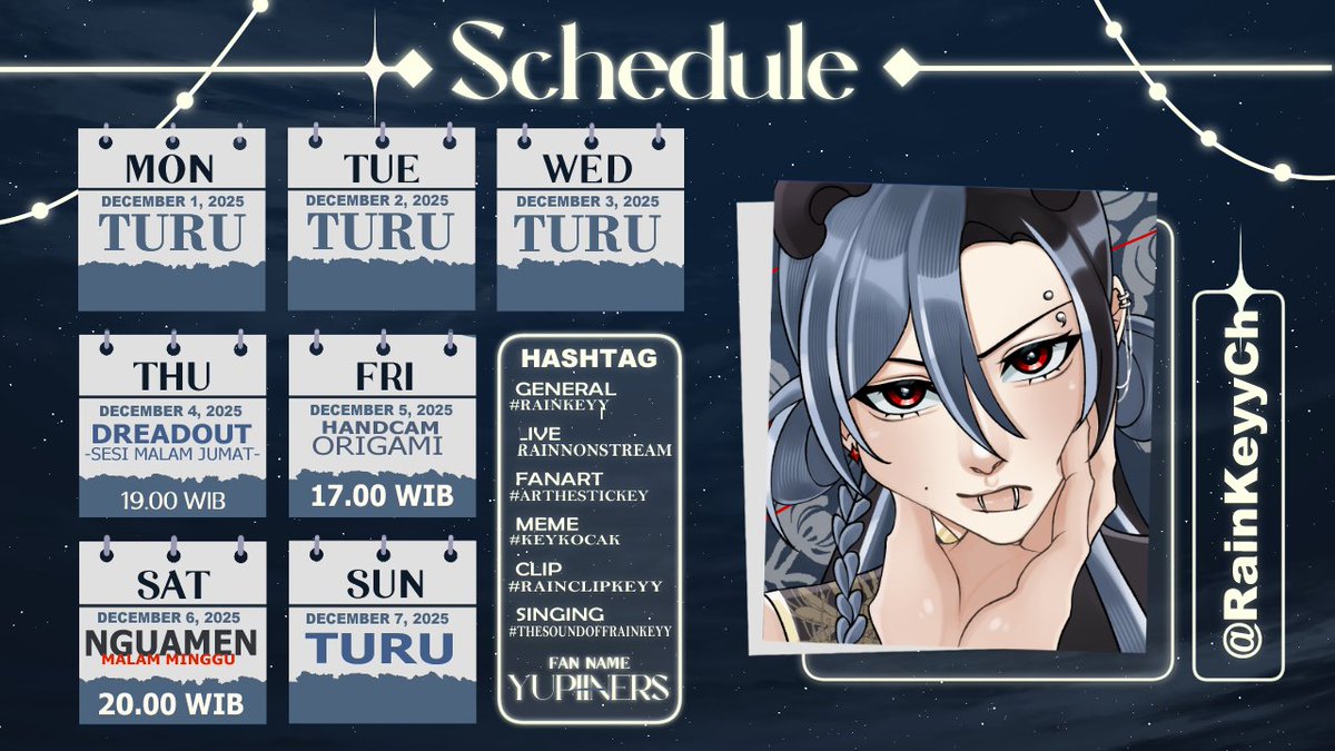 RainKeyyDesu's tweet photo. ₊˚☂︎【RainKeyy Weekly Schedule】☂︎₊˚
Ini adalah jadwal stream minggu ini! Untuk Waiting Room akan segera di upload ya manisku! Terimakasi!
GENERAL #RAINKEYY
LIVE #RAINNONSTREAM
MEME #KEYKOCAK
FANART #ARTHESTICKEY
SINGING #THESOUNDOFRAINKEYY https://t.co/c9VBm2C8Z3