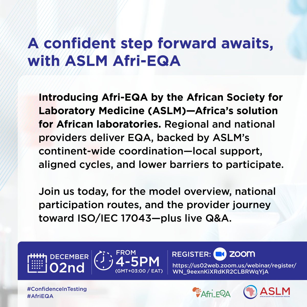 ASLM_News's tweet photo. Join ASLM today on 2 December, 4–5 PM EAT, for the online launch of Afri-EQA, a new network supporting countries and providers on their path to internationally recognized proficiency testing.
🔗 Register now on Zoom: https://t.co/AOZ8b5mu9W
#ConfidenceInTesting #AfriEQA https://t.co/1wxF25uWxa