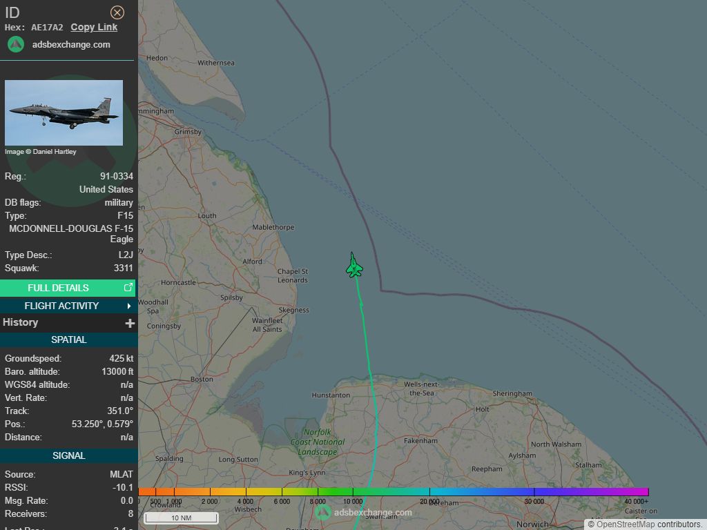 IntelskyB's tweet image. 🇺🇸 ✈️ United States Air Force - MCDONNELL-DOUGLAS F-15 Eagle (AE17A2, 91-0334) N/A was spotted over 🇬🇧  - United Kingdom.
🔴 Live tracking:
1-global.adsbexchange.com/?icao=AE17A2
2-flightradar24.com/AE17A2
3-airnavradar.com/mode-s/AE17A2
#OSINT #SIGINT #ADSB