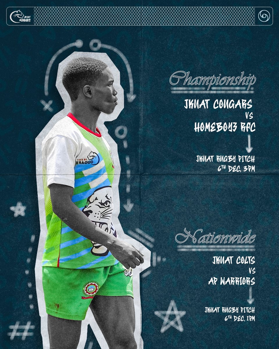 jkuatcougars's tweet photo. We play host to a thrilling double- header this weekend at the JKUAT Rugby pitch. Check poster for more details. Come one, come all #cougarsrising #KRUchampionship #RugbyKE

JKUAT Colts vs AP Warriors - 1 PM

JKUAT Cougars vs Homeboyz RFC - 3 PM

Cc: @Johnbax12 https://t.co/m2BtK03eOi