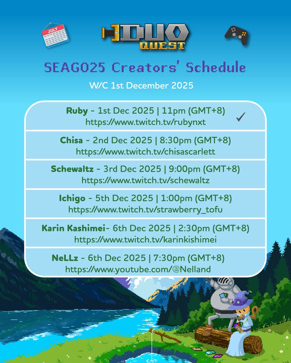 1plus1_games's tweet photo. Here's this week's schedule of SEAGO25 Creators playing Duo Quest! If you are curious what Duo Quest gameplay is like, or wondering what the latest build looks like, come and see these amazing streamers play our game!

#DuoQuest #seago2025 #stream #twitch #youtube #streamgame https://t.co/v2gUwlleKc