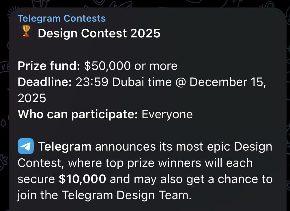 ⚡️Telegram announced new Design contest!

From this contest we know that Telegram is creating Nodes. Something more than folders, which will allow you to separate workspaces.

Can you create visualisation of Nodes? The prize is $10,000 and the opportunity to join the Telegram