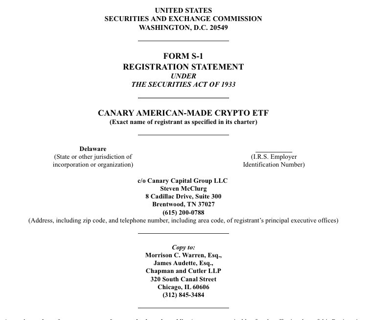 🚨 BREAKING: Canary Capital has filed an amended S-1 for its American-Made Crypto ETF updating disclosures and structure as part of the SEC’s review process. 

Key assets in the ETF:

• $BTC
• $ETH
• $HBAR 
• $SOL
• $XRP
• $ADA
• $AVAX

• Built as a spot-style,