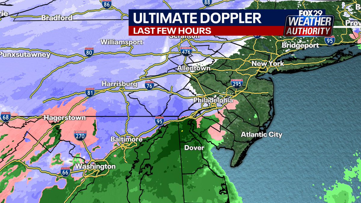 SueSerioFox29's tweet image. Our Potpourri of Precipitation is moving in! Snow for some, rain for others, and a wintry mix in between. Expect the rain/snow line to move northward over the next few hours. Heavy downpours arrive around lunchtime. Storm moves away at around 4 pm at the latest. More @fox29philly